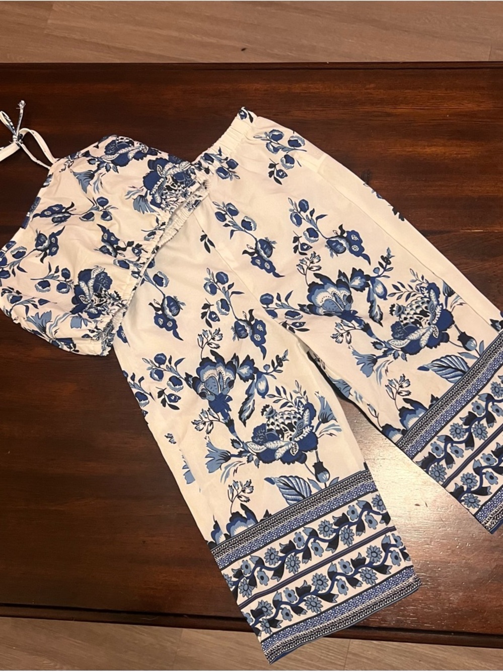 White & Blue Floral Strapless Jumpsuit